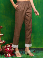 Pakistani Printed Kurta With Pant & Dupatta, Brown - Hiral Fashion | Grocsy