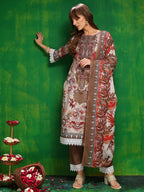 Pakistani Printed Kurta With Pant & Dupatta, Brown - Hiral Fashion | Grocsy