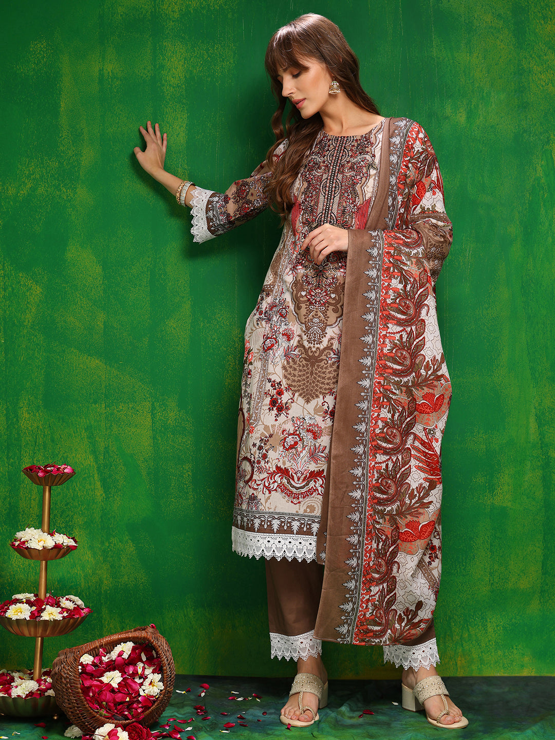 Pakistani Printed Kurta With Pant & Dupatta, Brown - Hiral Fashion | Grocsy