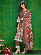 Pakistani Printed Kurta With Pant & Dupatta, Brown - Hiral Fashion | Grocsy
