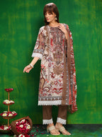 Pakistani Printed Kurta With Pant & Dupatta, Brown - Hiral Fashion | Grocsy