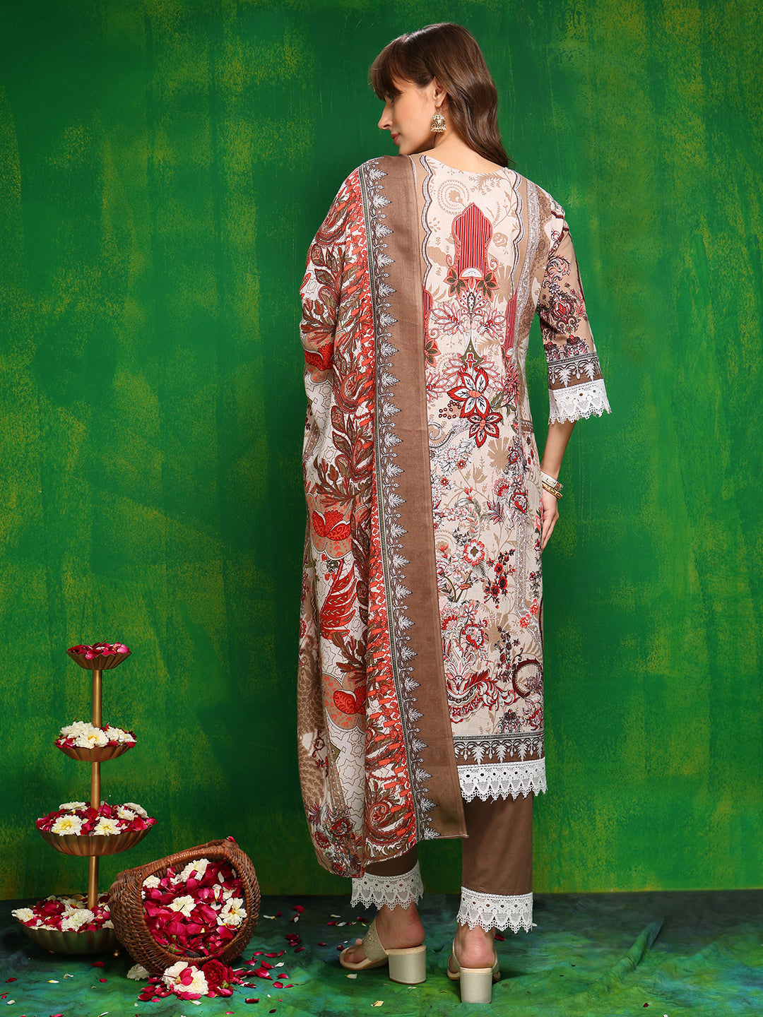 Pakistani Printed Kurta With Pant & Dupatta, Brown - Hiral Fashion | Grocsy