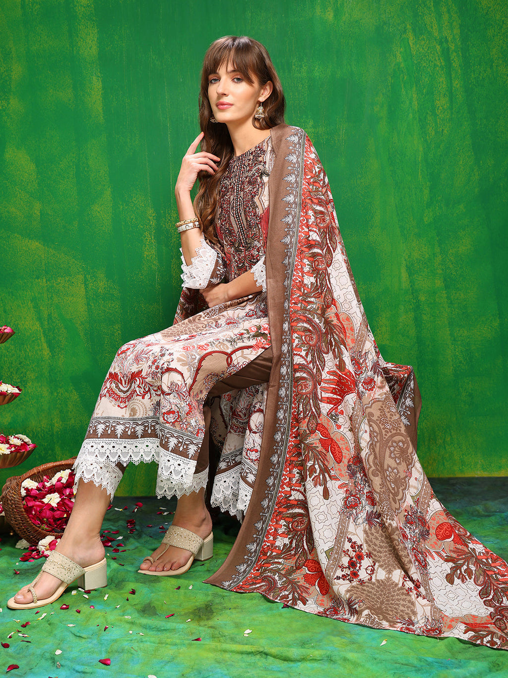 Pakistani Printed Kurta With Pant & Dupatta, Brown - Hiral Fashion | Grocsy