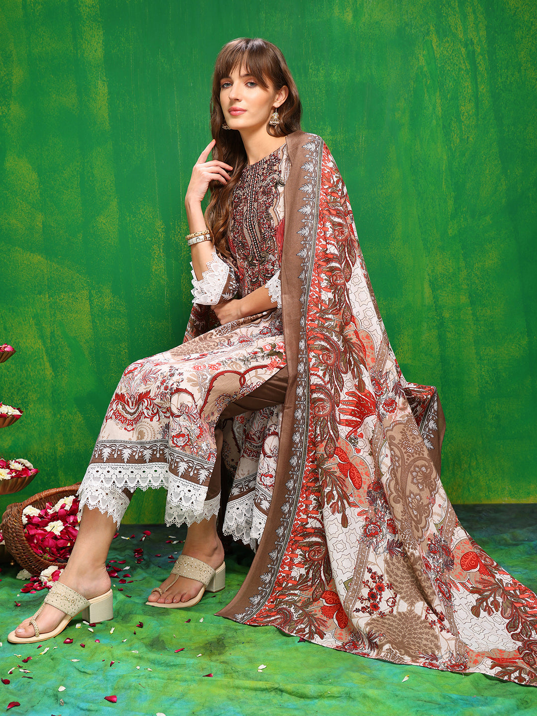 Pakistani Printed Kurta With Pant & Dupatta, Brown - Hiral Fashion | Grocsy