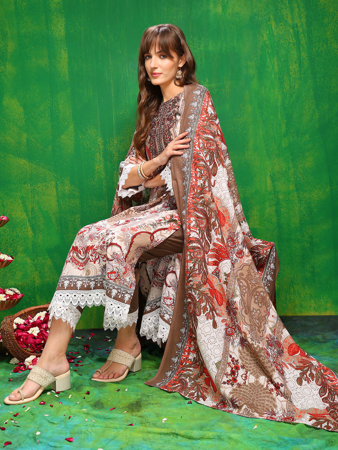 Pakistani Printed Kurta With Pant & Dupatta, Brown - Hiral Fashion | Grocsy