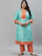 Sztori Plus Size Floral Foil Printed Gotta Patti Straight Kurta With Trouser | Grocsy