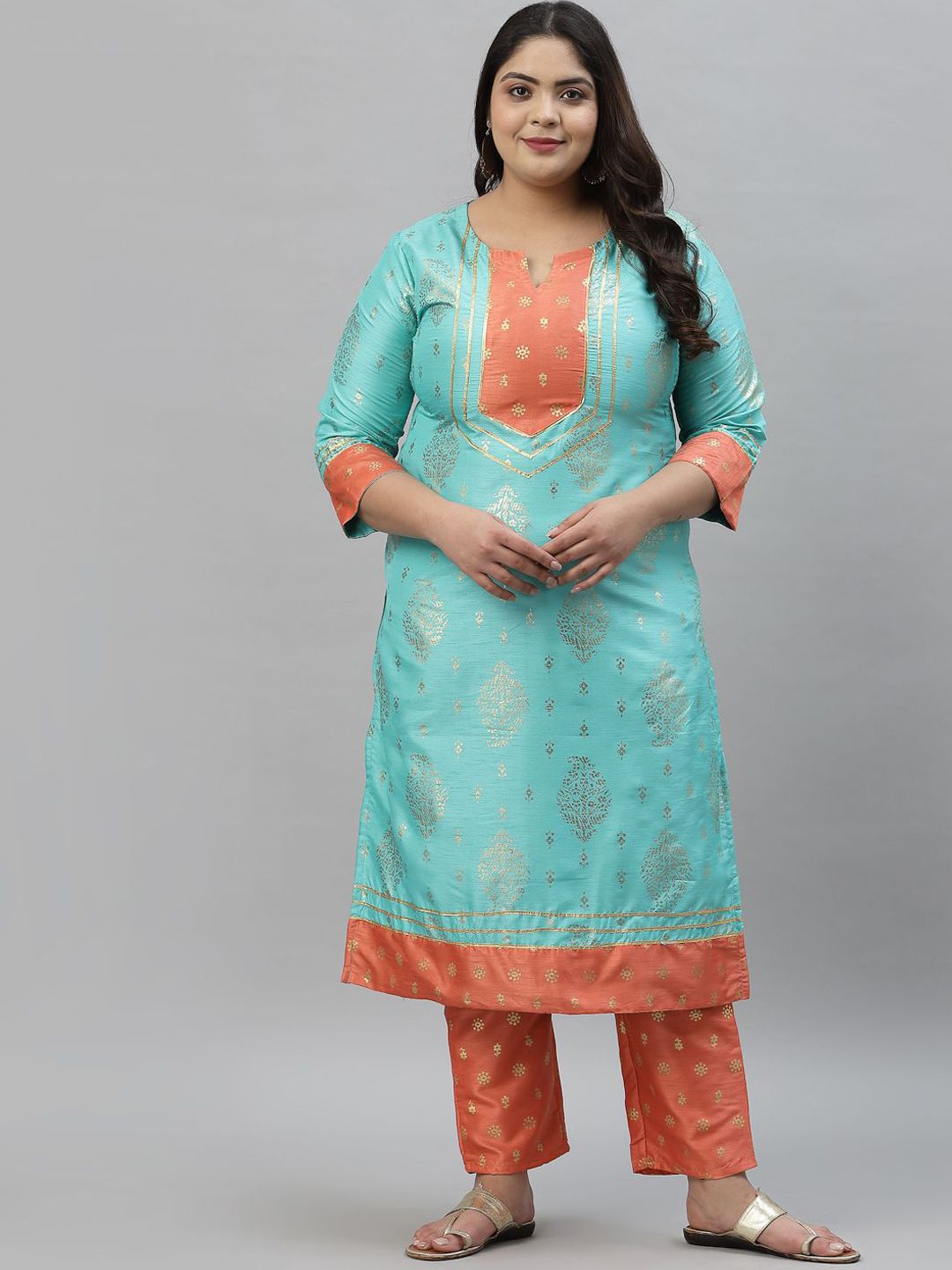Sztori Plus Size Floral Foil Printed Gotta Patti Straight Kurta With Trouser | Grocsy
