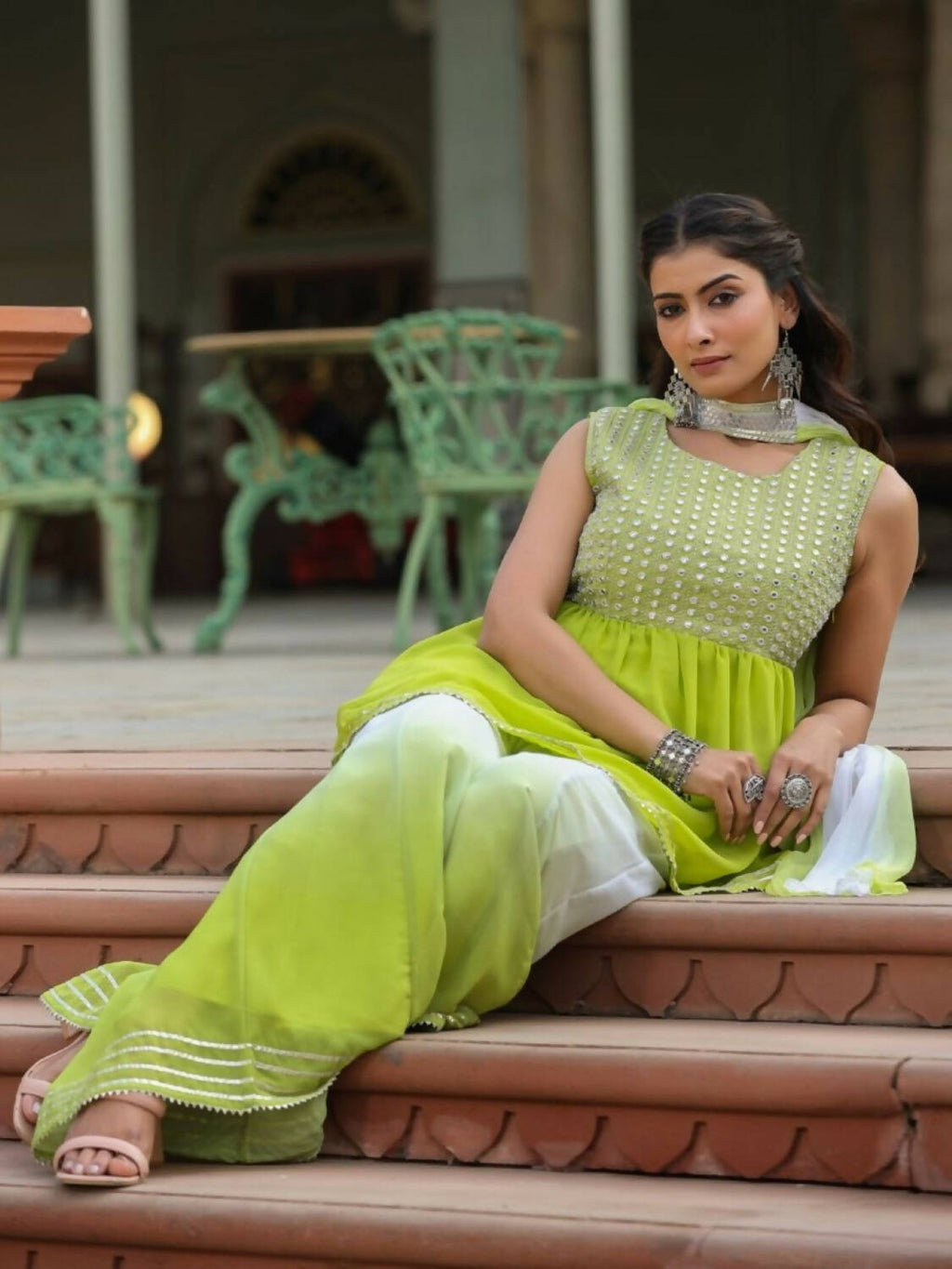 Juniper Women Green Georgette Embroidered Kurta, Palazzo and Dupatta Set | Grocsy
