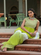 Juniper Women Green Georgette Embroidered Kurta, Palazzo and Dupatta Set | Grocsy