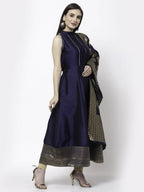 Myshka Women Blue Silk Blend Sleeveless Round Neck Gown With Dupatta | Grocsy