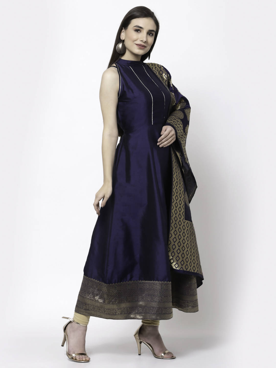 Myshka Women Blue Silk Blend Sleeveless Round Neck Gown With Dupatta | Grocsy