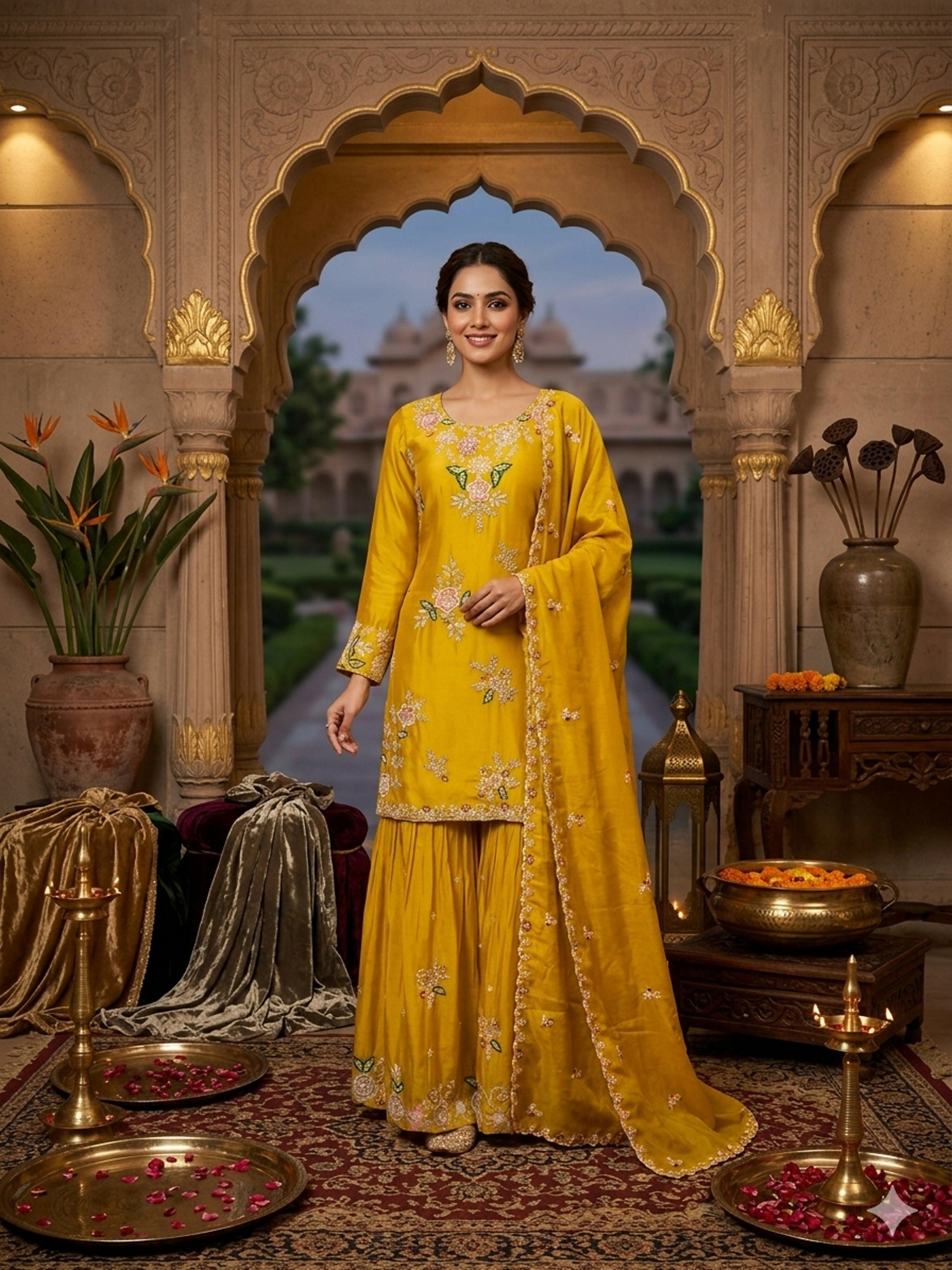 Stylish Designer Stitched Yellow Pure Viscose Crepe Embroidery Hand Work Stitched Sharara Suit - Anbazaar | Grocsy