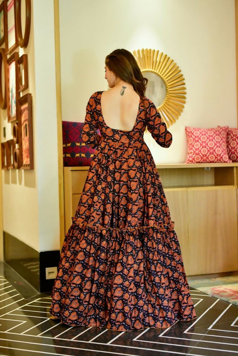 Jyoti Fashion Women's Brown Heavy Digital Printed Cotton Silk Anarkali Dress | Grocsy
