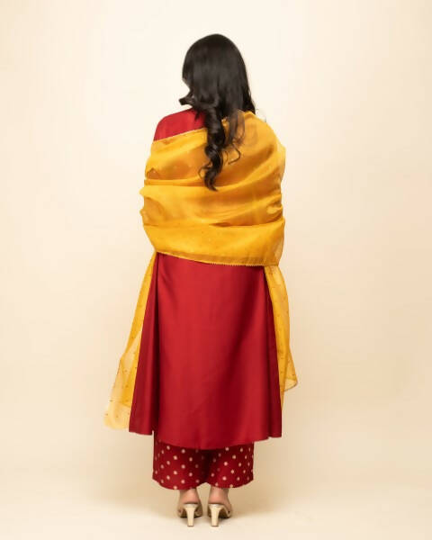 FIORRA Women's Red Silk Blend A-Line Kurta Palazzo Set With Dupatta | Grocsy