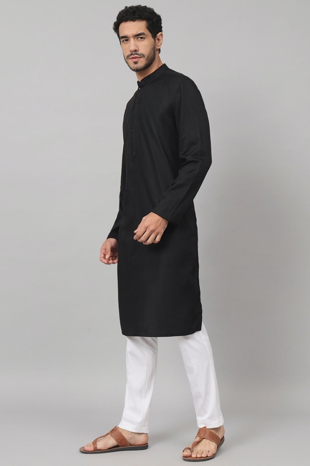 Giza Cotton Black Plain Kurta by Hilo Design | Grocsy