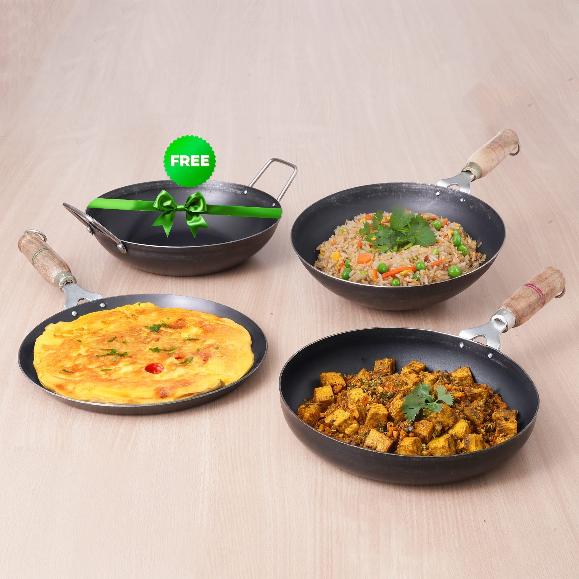 The Indus Valley 100% Pure Iron Cookware Set: Tawa+ Fry Pan+ Wok, Toxin-free Sheet Iron, Pre-seasoned, Induction & Gas, Kitchen Set for Home, Kadai | Grocsy