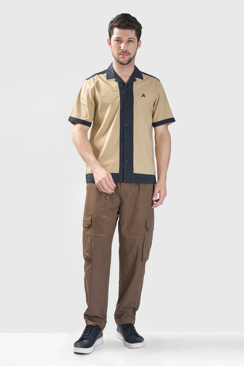 Xkind Beige & Black Backprinted Relaxed Fit Shirt | Grocsy