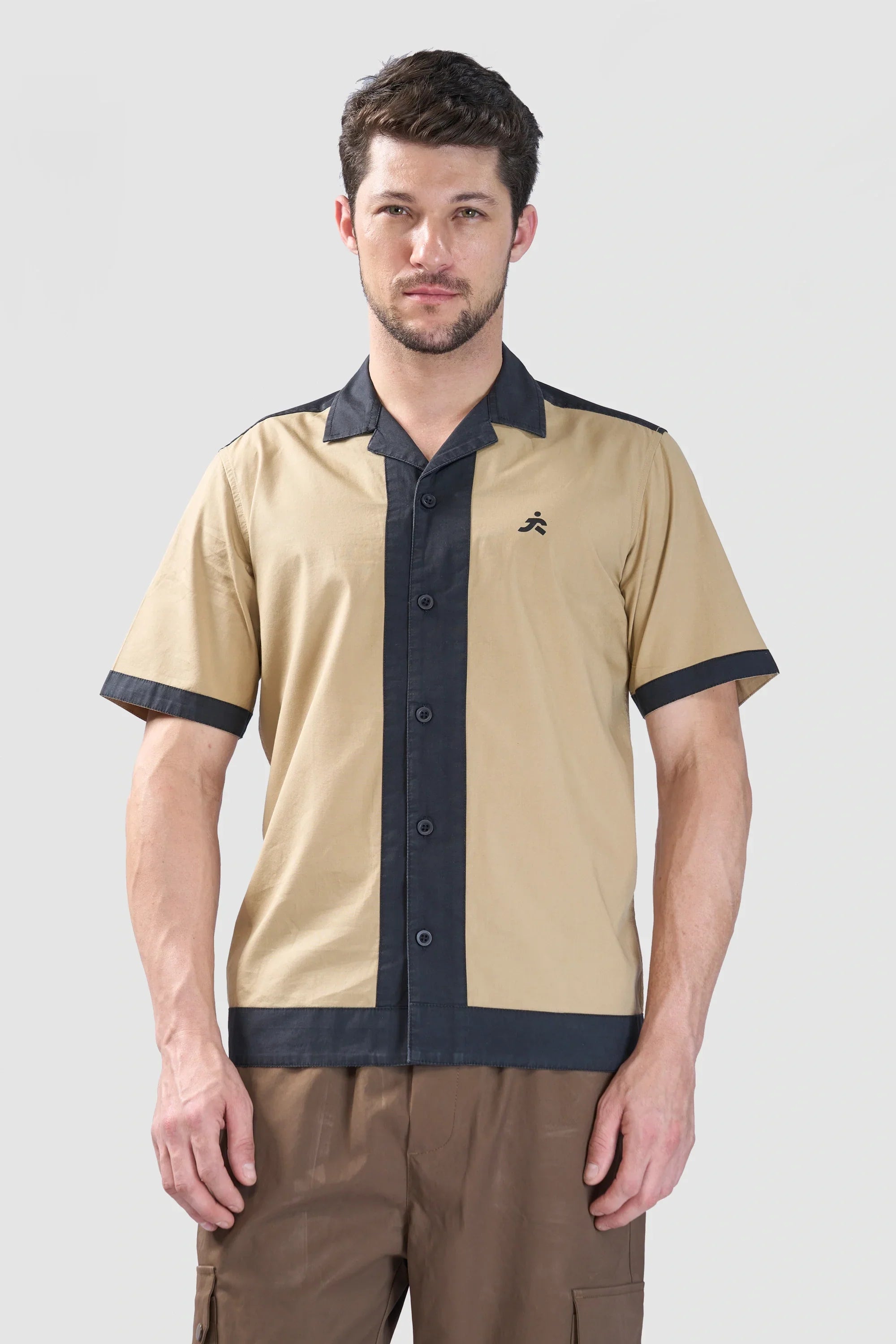 Xkind Beige & Black Backprinted Relaxed Fit Shirt | Grocsy