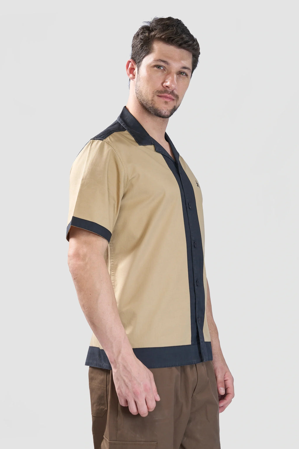 Xkind Beige & Black Backprinted Relaxed Fit Shirt | Grocsy