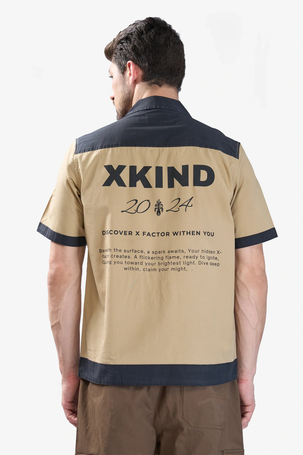 Xkind Beige & Black Backprinted Relaxed Fit Shirt | Grocsy