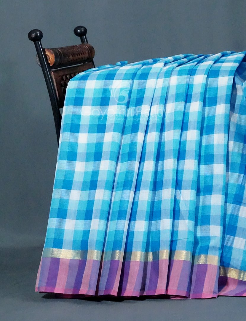 Sky Blue With Checks Pure Mangalgiri Cotton Saree By Gayathri Reddy Designer Studio | Grocsy