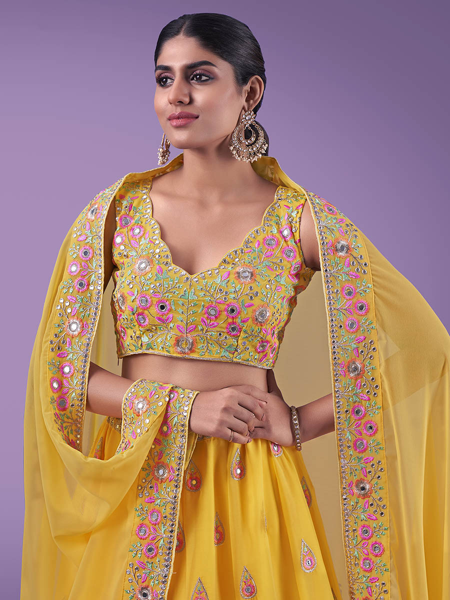 Myra Yellow Georgette Embroidered Designer Lehenga | Grocsy