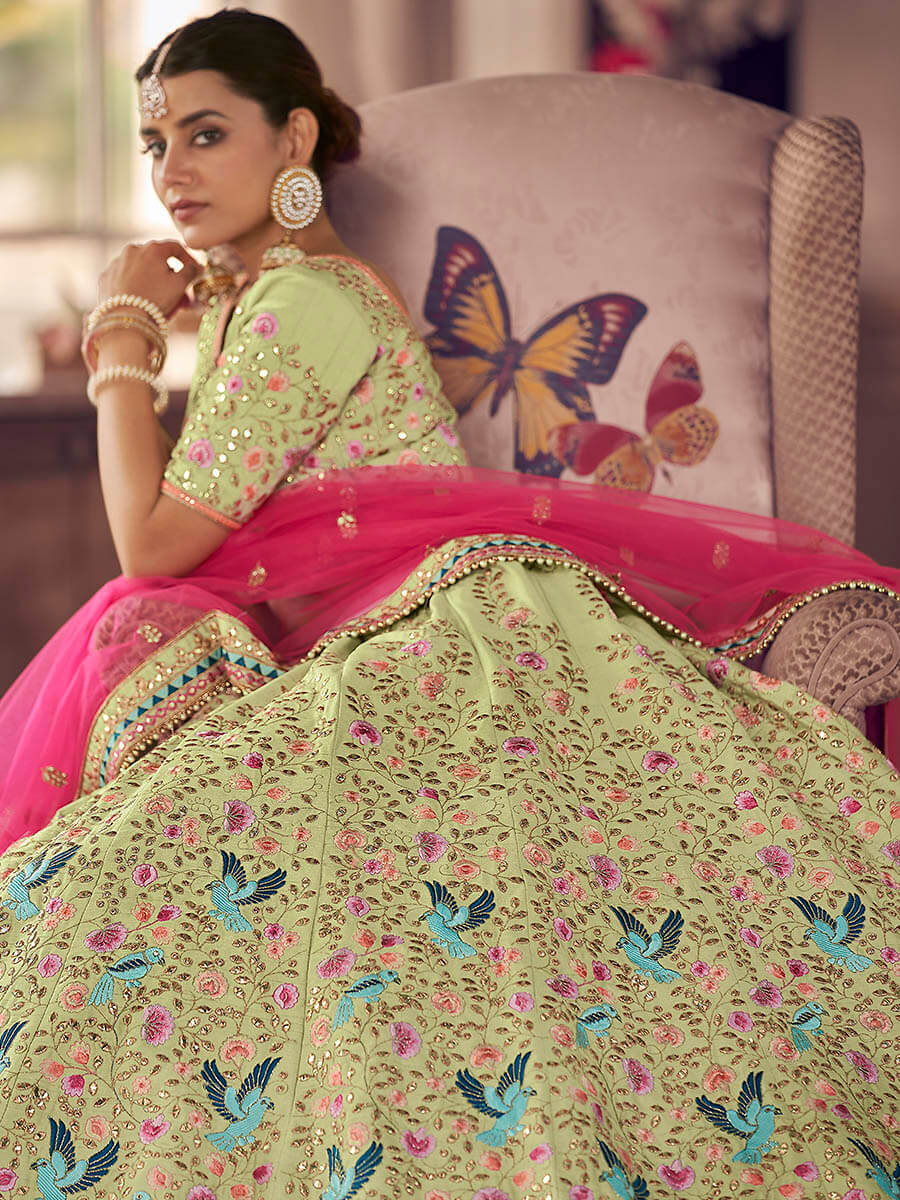 Myra Pista Green Art Silk Heavy Embroidered Lehenga | Grocsy