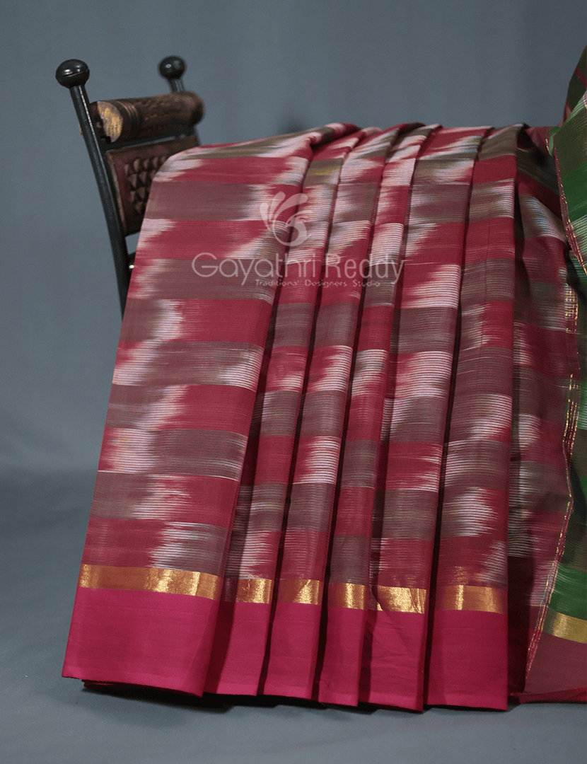 Dual Shades of Maroon And Brown Mangalagiri Ikkat Cotton Saree By Gayathri Reddy Designer Studio | Grocsy