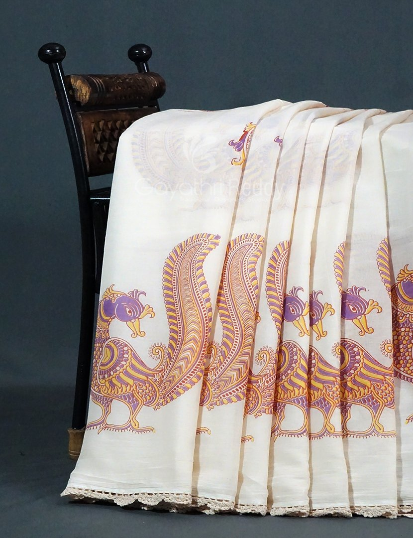 Cream Colour Block Print Crocia Mulmul Cotton Saree By Gayathri Reddy Designer Studio | Grocsy