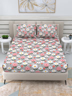 DREAM WEAVERZ Silver & Pink Pure Cotton Floral Queen Bedsheet with 2 Pillow Covers | Grocsy