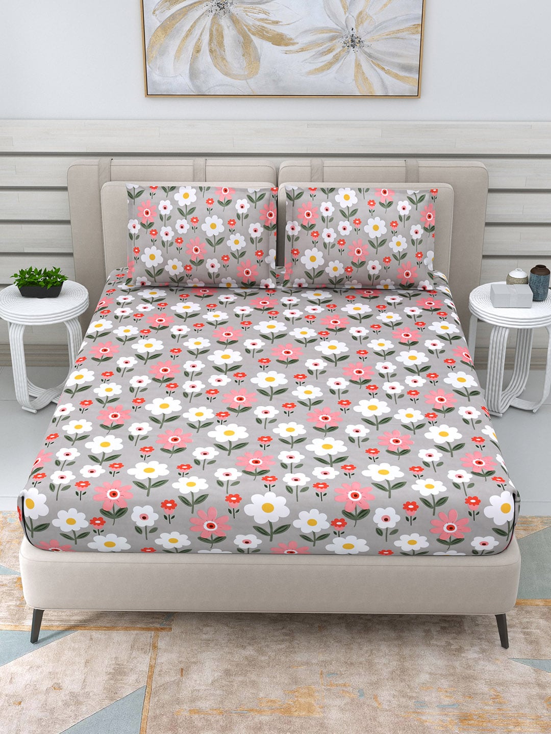 DREAM WEAVERZ Silver & Pink Pure Cotton Floral Queen Bedsheet with 2 Pillow Covers | Grocsy