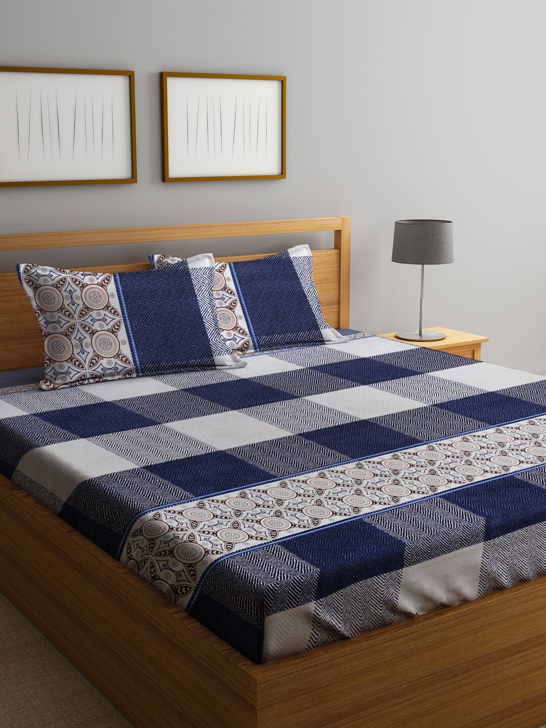 Home Sizzler Blue & White 210 TC Queen Geometric Cotton Bedsheet with 2 Pillow Covers | Grocsy