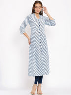 HERE&NOW Blue & White Striped Mandarin Collar Kurta | Grocsy