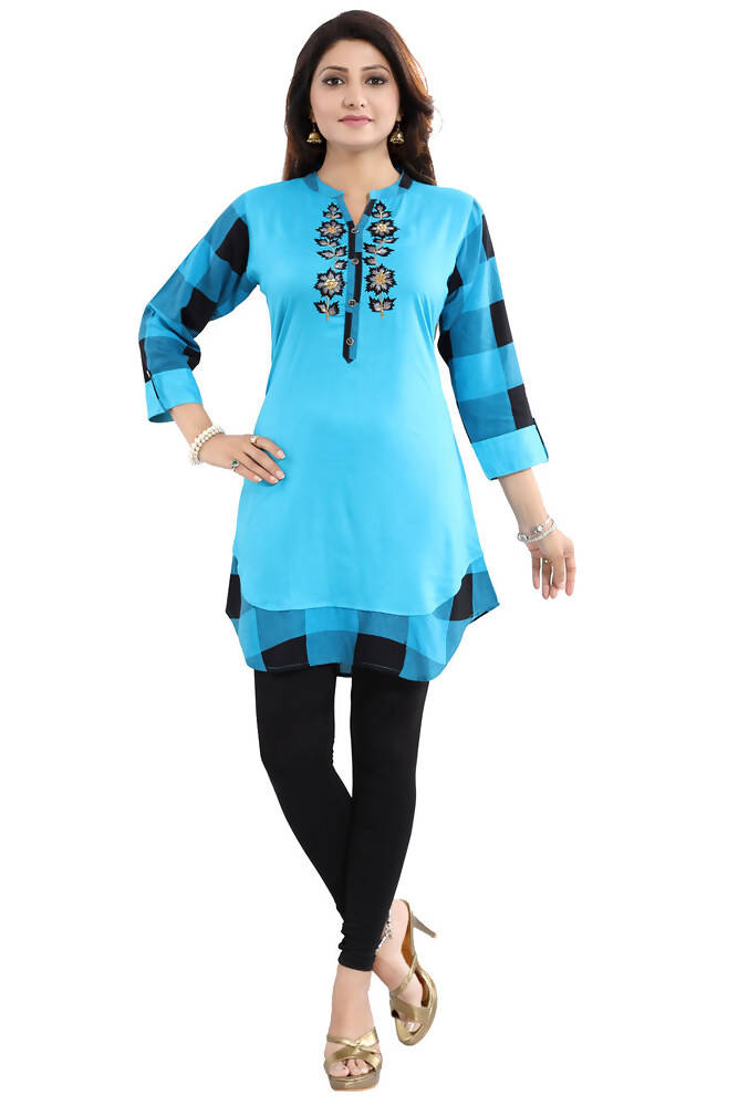Snehal Creations Rayon Designer Embroidery Blue Tunic | Grocsy