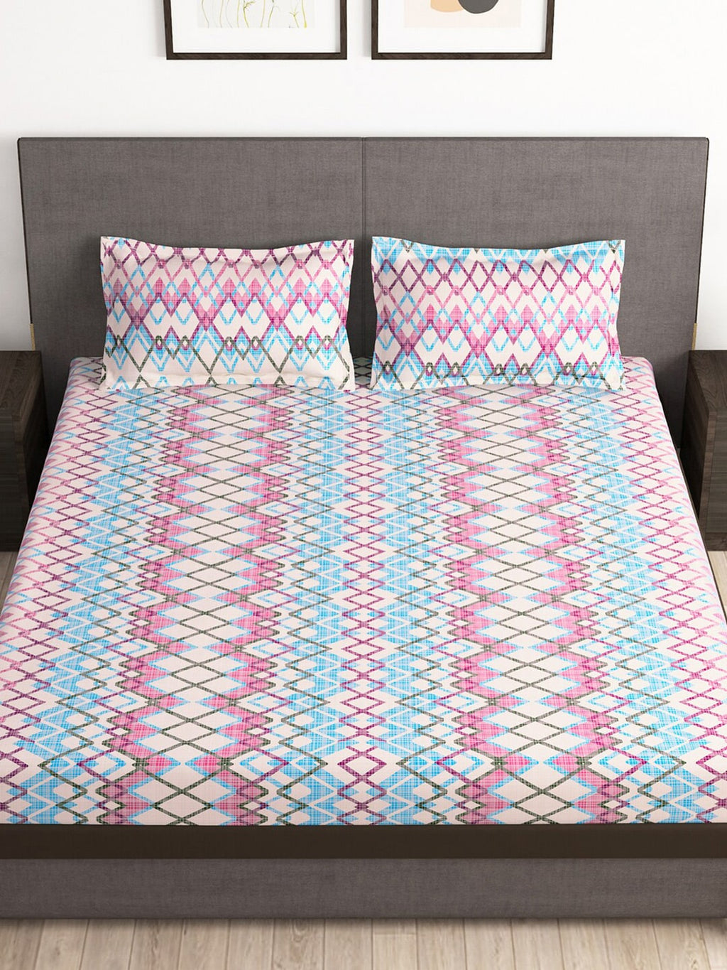 Story@home Tango Pink & White Printed 240 TC King Bedsheet with 2 Pillow Covers | Grocsy