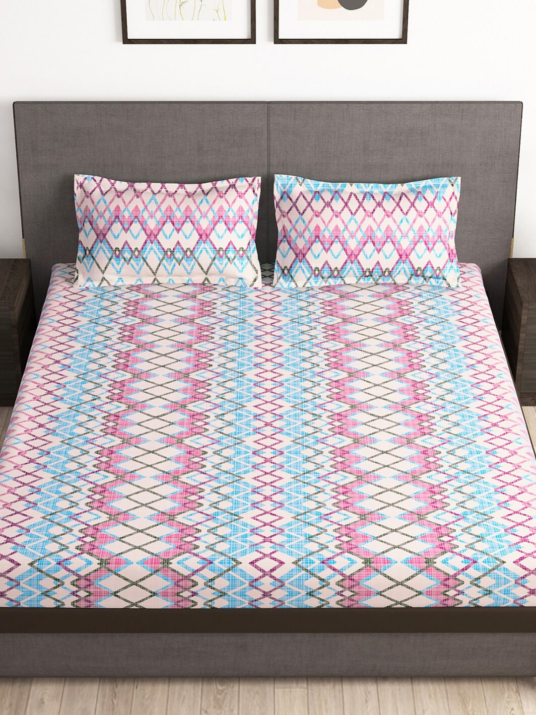 Story@home Tango Pink & White Printed 240 TC King Bedsheet with 2 Pillow Covers | Grocsy