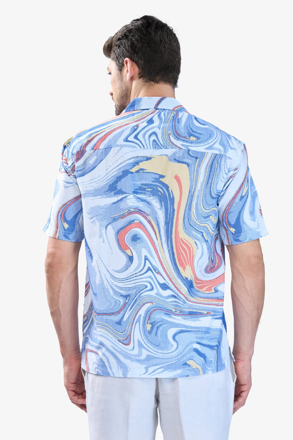 Xkind Blue Fine Cord Drop Shoulder Printed Relaxed Fit Shirt | Grocsy