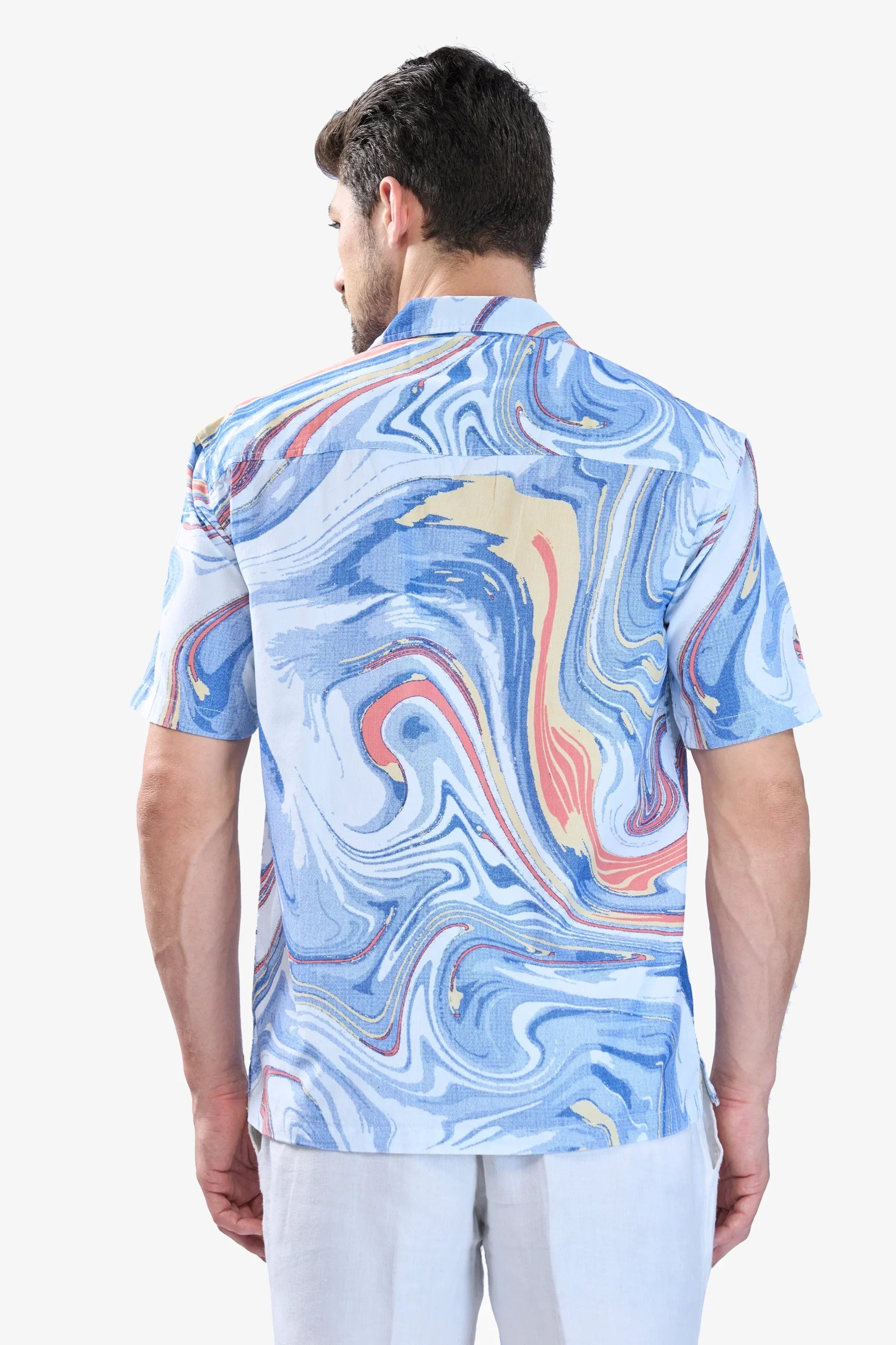 Xkind Blue Fine Cord Drop Shoulder Printed Relaxed Fit Shirt | Grocsy