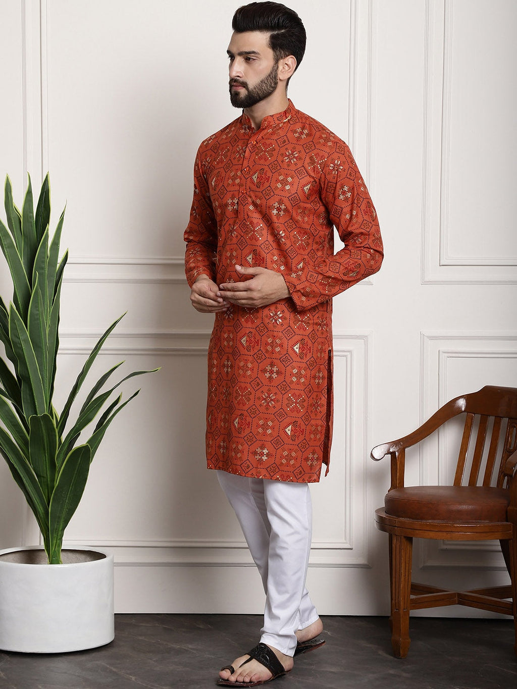 Sojanya Men Orange Printed Cotton Linen Kurta with Churidar | Grocsy