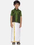 Sethukrishna Olive Green & White Solid Shirt and Veshti For Boys | Grocsy