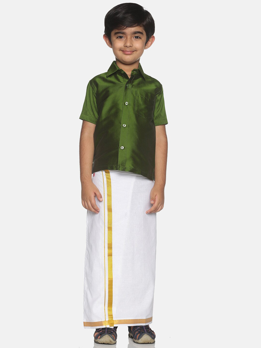 Sethukrishna Olive Green & White Solid Shirt and Veshti For Boys | Grocsy
