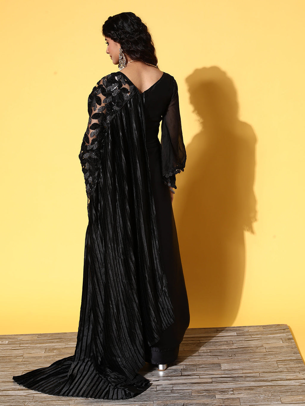 Tikhi Imli Black Floral Sequinned Satin Saree | Grocsy