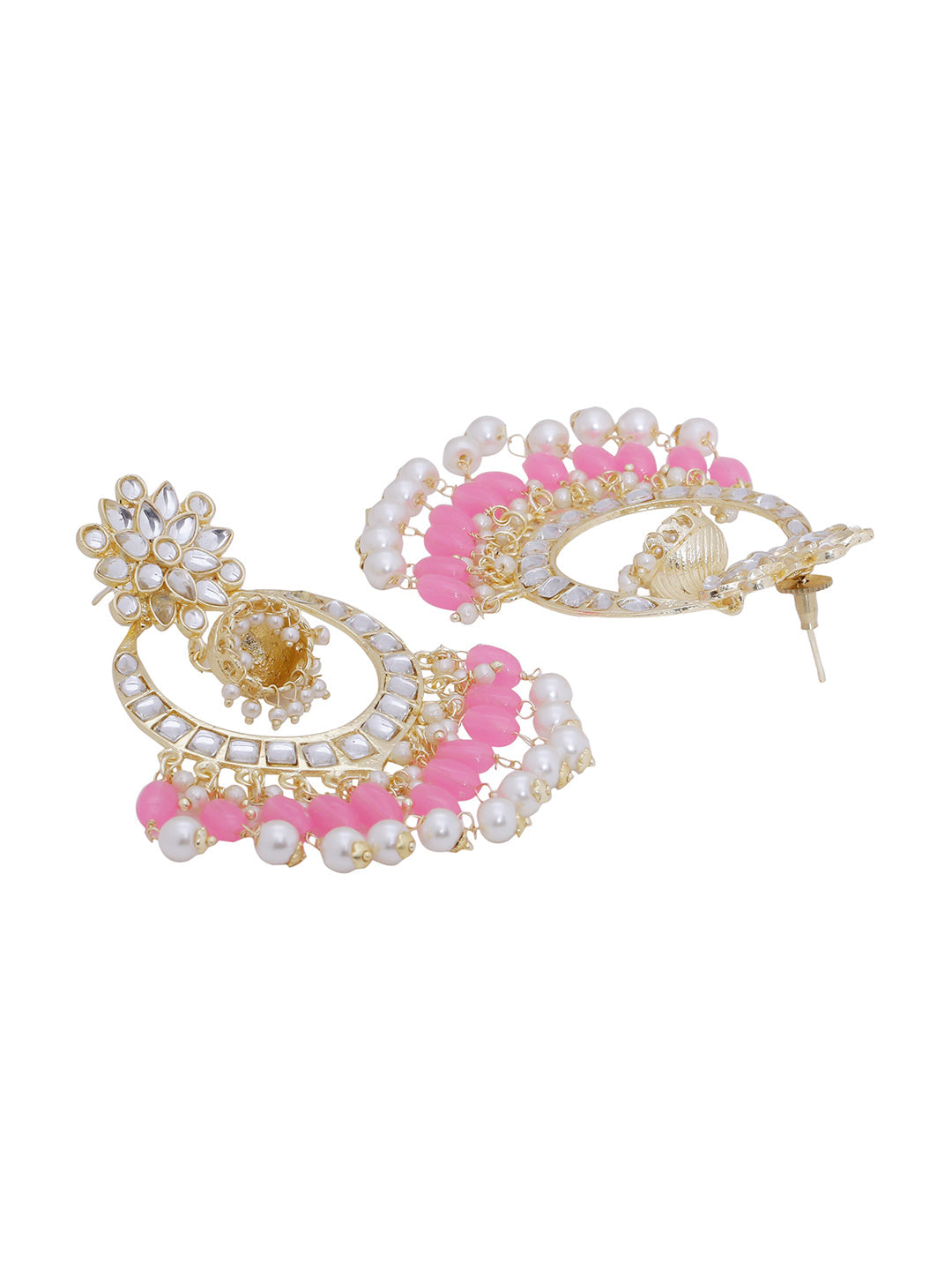 Shoshaa Pink & Gold-Toned Contemporary Kundan Drop Earrings With Pearls | Grocsy