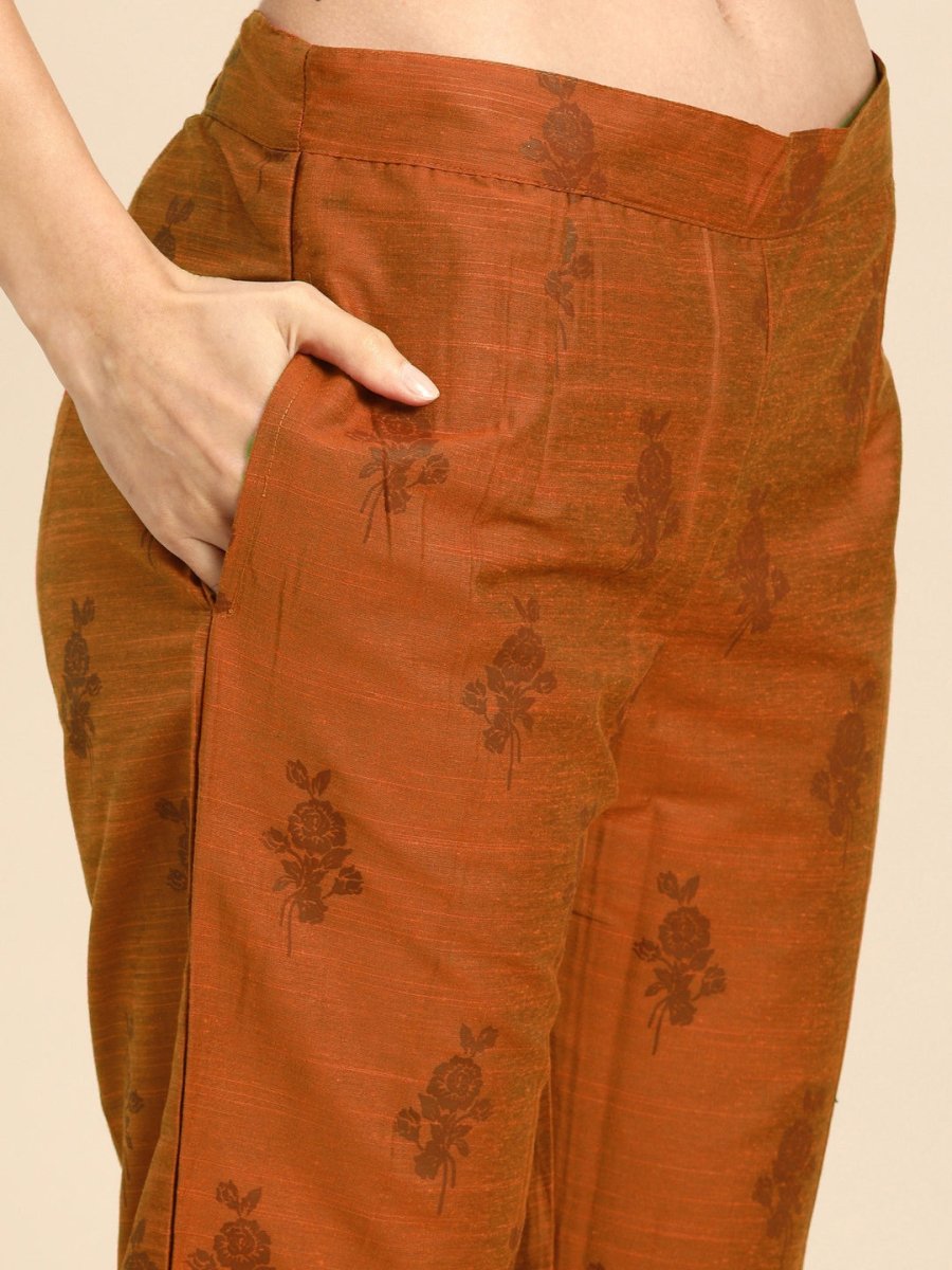 All About You Women Orange Floral Print Embroidered Regular Kurta with Trousers | Grocsy