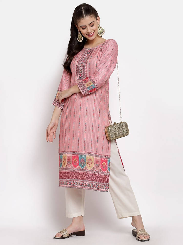 Myshka Women's Traditional Multi Cotton Printed 3/4 Sleeve Round Neck Casual Kurta | Grocsy