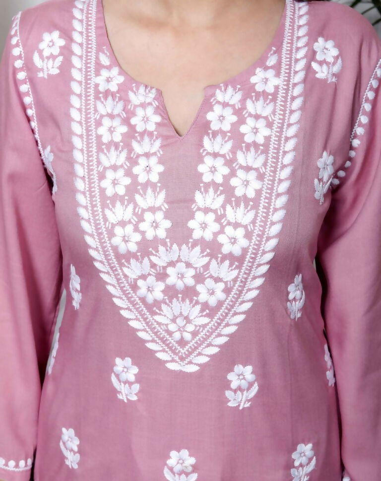 Miravan Women's Chikankari Embroidery Pink Straight Kurta & Palazzo Set | Grocsy