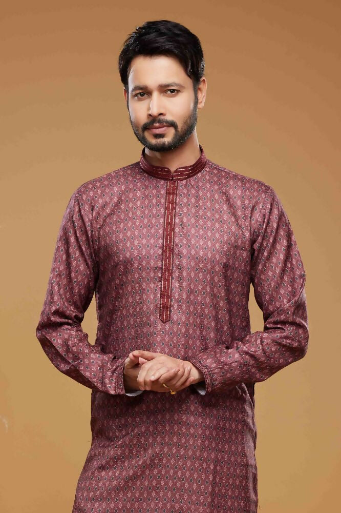 Raivat Ethnic Art Silk Digital Print Pintux Work Kurta Pajama In Maroon Colour | Grocsy