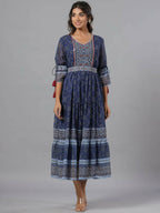 Juniper Women Navy Blue Georgette Geometric Printed Tiered Maxi Dress | Grocsy