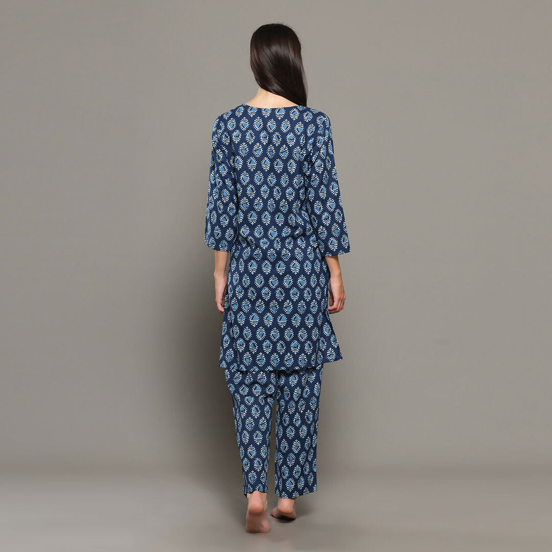 Breathables Blue Women Cotton Printed Loungewear Kurta And Pants Co-Ord Set I Night Wear | Butta Print | Grocsy
