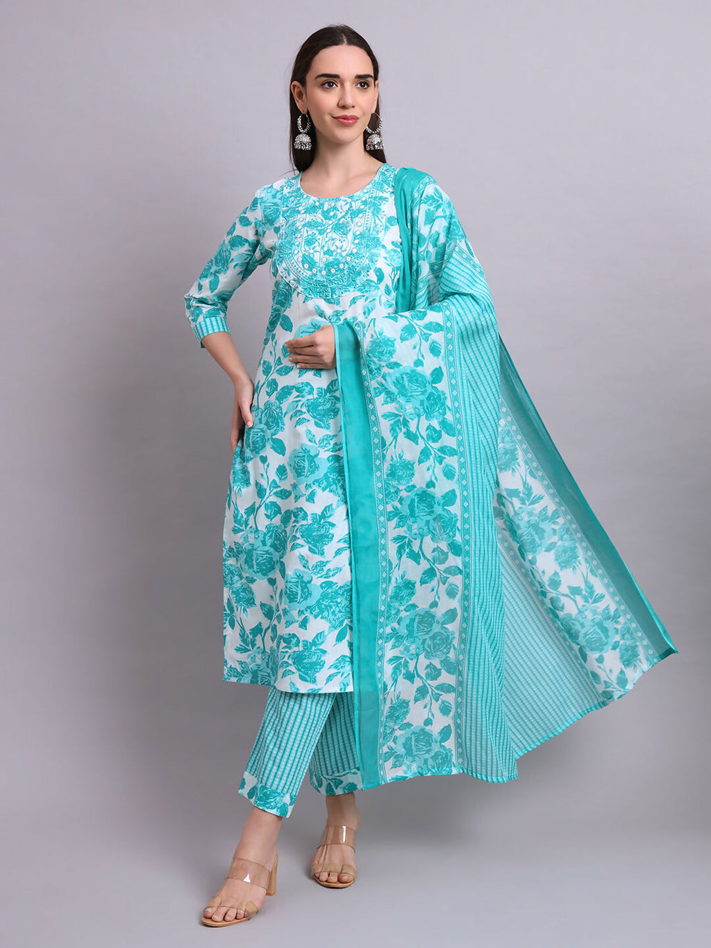 Joban Fashion Green Cotton Floral Printed & Embroidery Work Kurta With Trousers & Dupatta Set | Grocsy